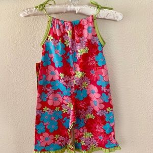 Hot pink floral print girls romper